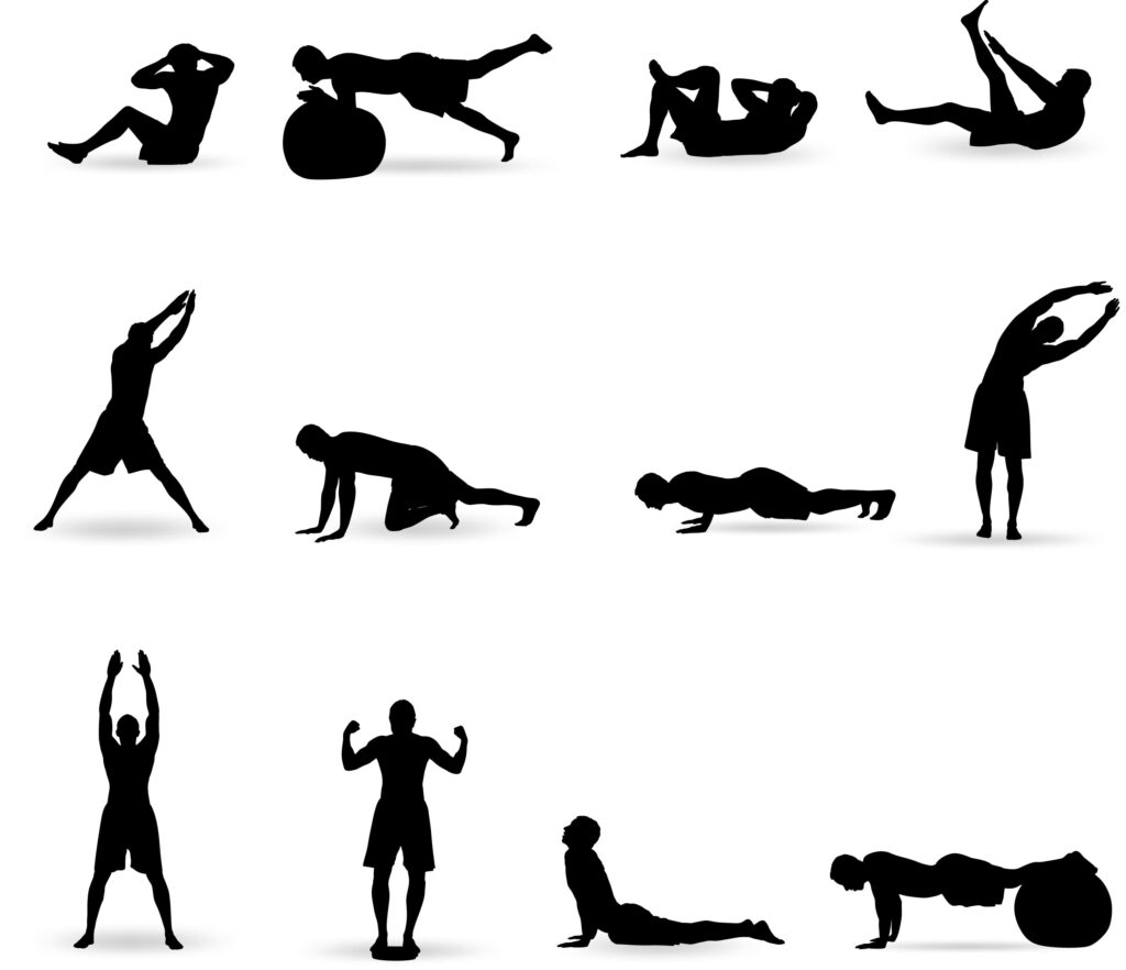 Outline images of people doing various exercises.