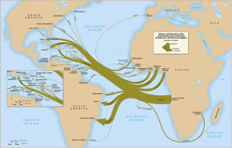 A map created by David Eltis and David Richardson showing the movements of enslaved people from various locations in Africa and where and in what numbers to locations in the Americas.
