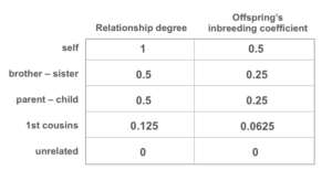 A chart with relationship degrees and offspring coefficients for each close relative