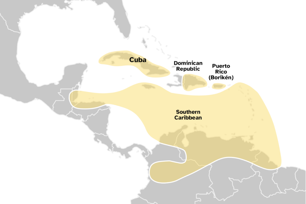 A map of the Caribbean showing Cuba, Dominican Republic and the Southern Caribbean region.
