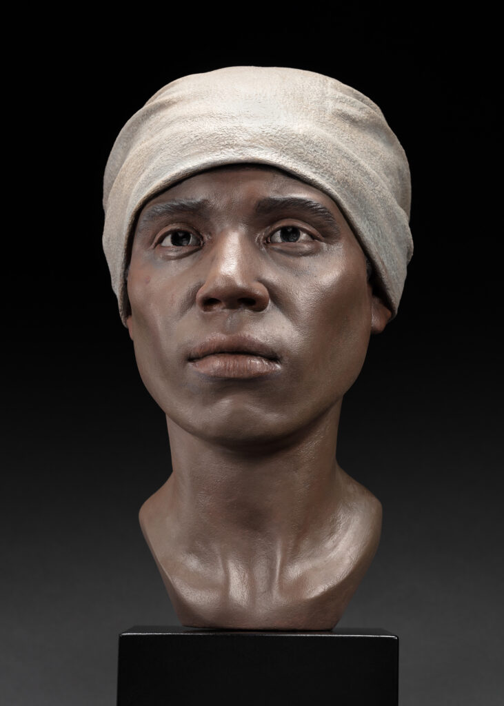A photo of a facial reconstruction of one of the individuals , a woman in her 30s, found at Cactoctin Furnace.
