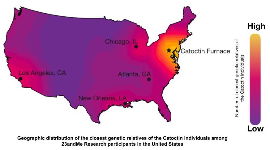 A Heat Map of the United States showing the geographic distribution of genetic relatives of the Catoctin Furnace Individual. The location of the furnace site is starred in Maryland.