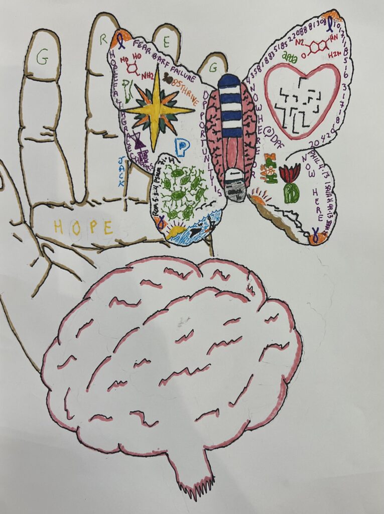 A drawing by Greg of a hand, a butterfly and a brain.